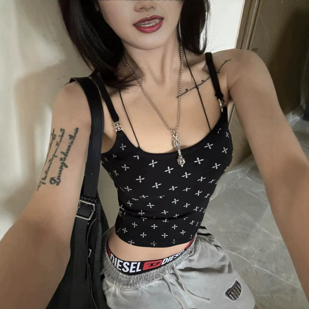 Zara Black Garden Sporty Cross Floral Allover Print Fitted Cropped Tank